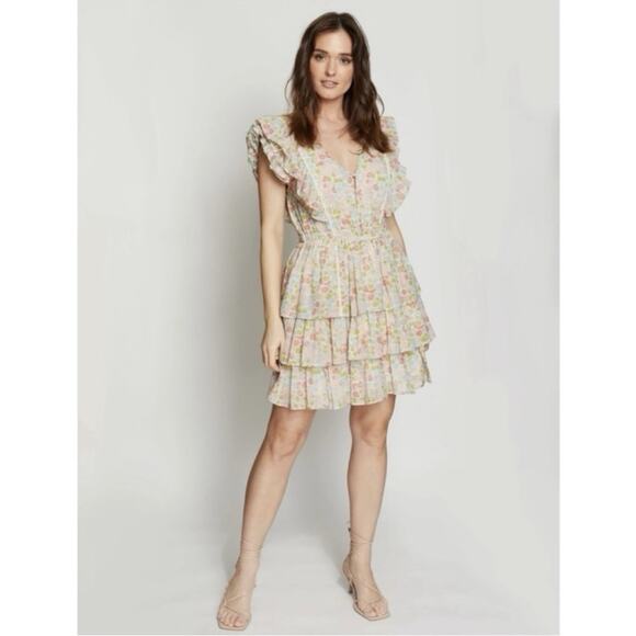 NWT Anthropologie Love The Label Ines Ivory Floral Tiered Ruffle Mini Dress - Picture 2 of 9